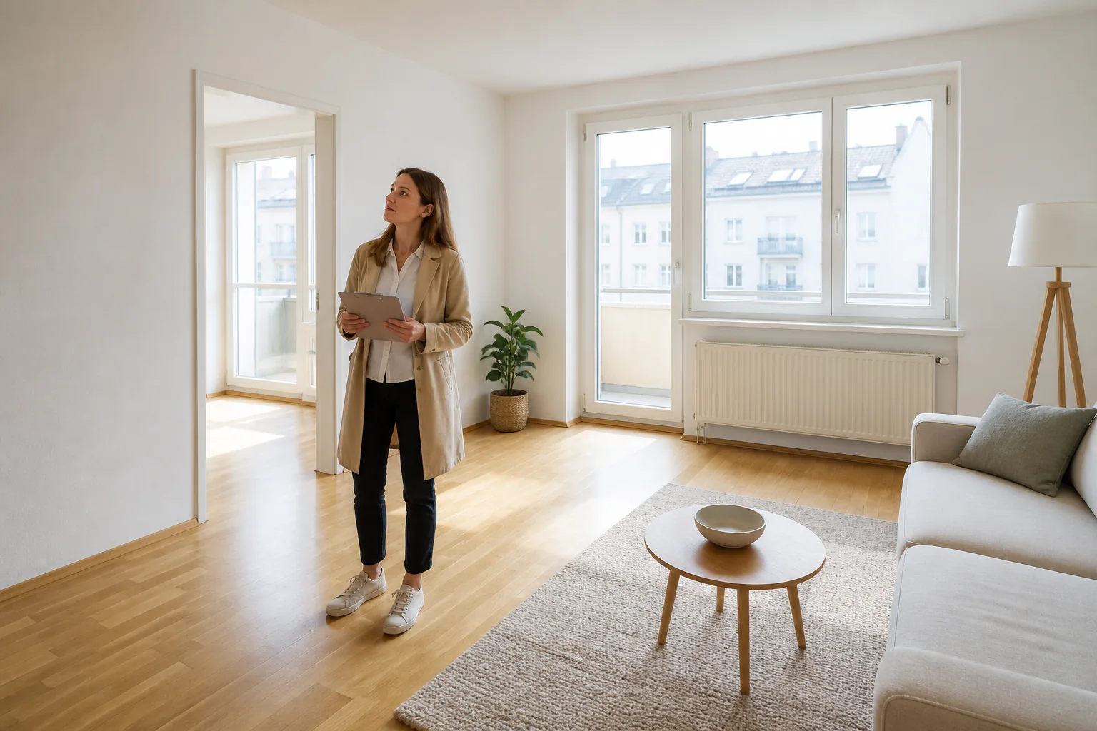 Person prüft in einer österreichischen Wohnung den eigenen Wohnbedarf